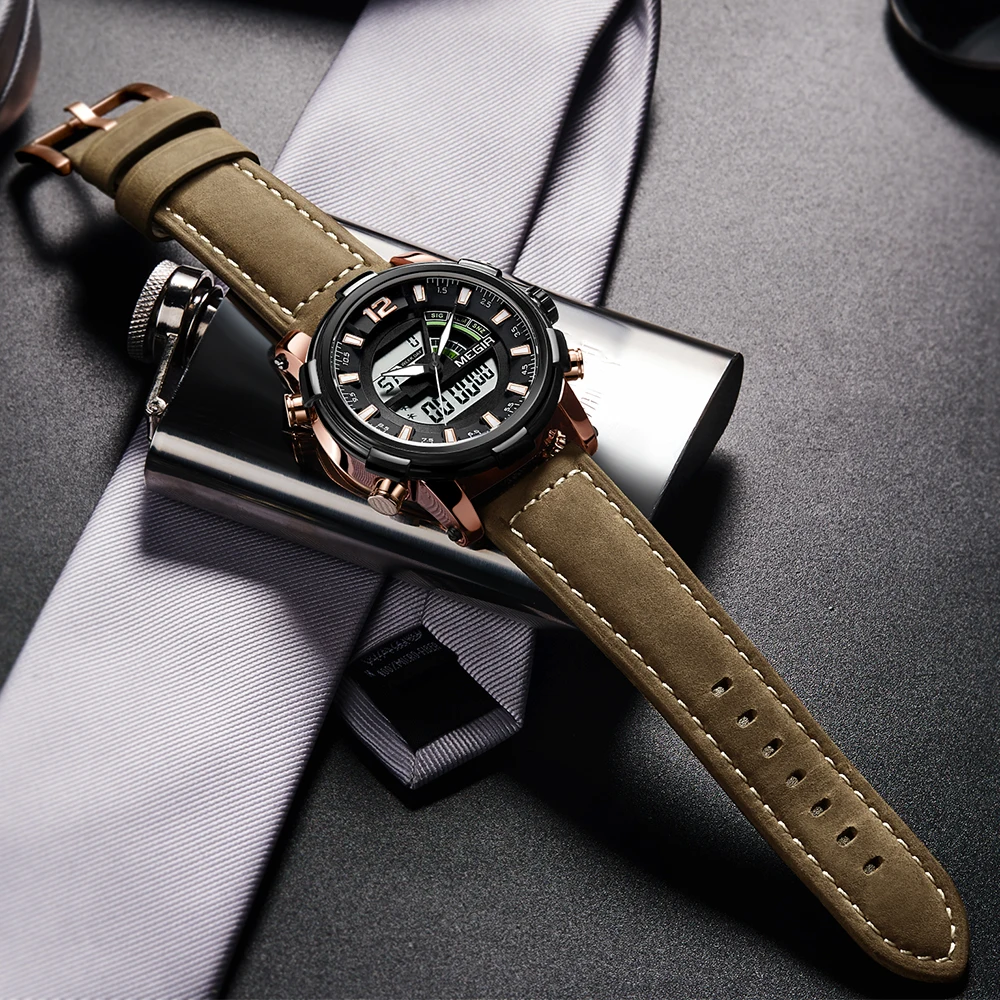 MEGIR Luxury Brand New Mens Watches Top Brand Luxury 2018 Double Display Quartz Digital Sport Watch Men Leather Wristwatch Boys 