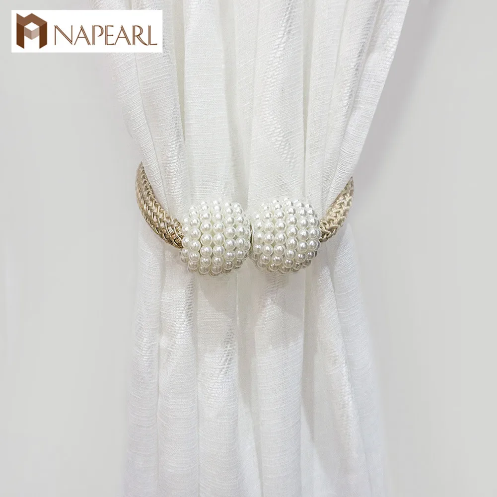 

NAPEARL 1 Piece Tiebacks All Match Curtains Ropes Home Decor Magnet Link Thread Pearl Design Solid Color Style Drops White