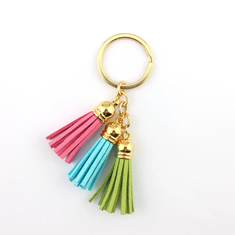 ZWPON Gold Colorful Triple Leather Tassel Fringe Key Chain & Key Rings for Woman Bag Packing Jewelry Wholesale