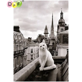 

DPF DIY Roofs white cat 5D square diamond embroidery needlework crafts diamond painting cross stitch home decor diamond mosaic