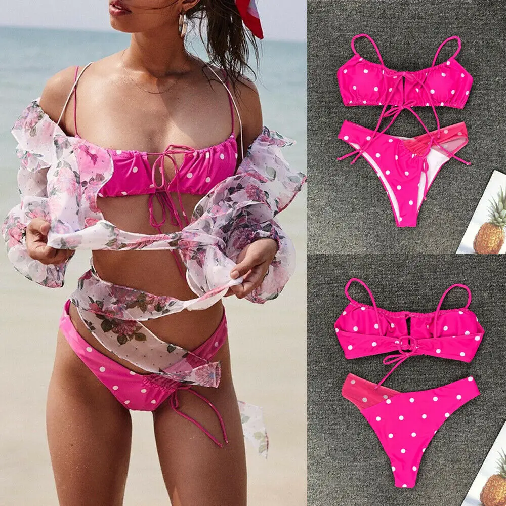 

Pink Bandage Bandeau Bikini Set Female Dot Pushup Swimsuit Twp-piece Bathing Suit Padded Swimwear Women