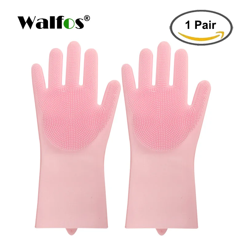Пара волшебных силиконовых резиновых перчаток для мытья посуды, экологически чистые скрубберы для многоцелевой кухонной кровати, ванной, ухода за волосами - Цвет: WALFOS Pink