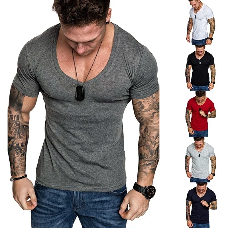 

2019 summer solid color slim V-neck casual sports jogging fashion short-sleeved T-shirt