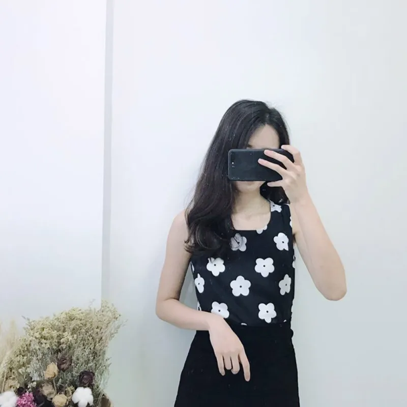 Female Small fresh flower sling top Women's Summer Fashion Print Split Dress V-neck Top Sling girl Vest camisetas tirantes mujer
