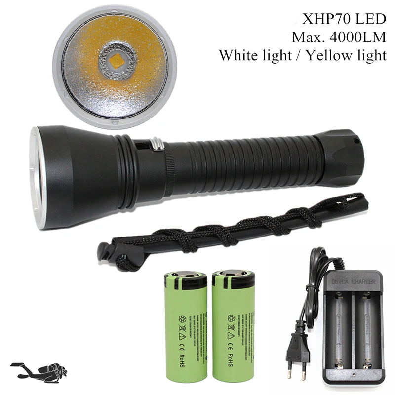  Cree XHP70 LED Yellow/White Light 4000 Lumens Diving Flashlight 26650 Torch Underwater 100M xhp70.2 - 32808024523