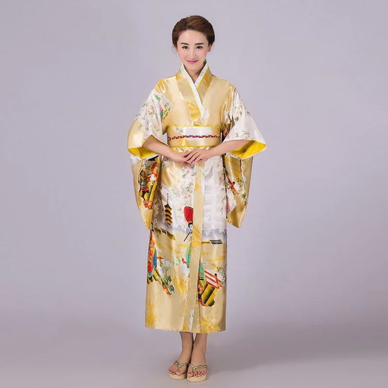 Золотое японское женское традиционное шелковое кимоно платье юката с Obi винтажное вечернее платье Сценическое платье один размер NK009