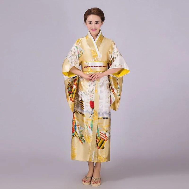Gold Japanese Lady Traditional Silk Kimono Gown Yukata With Obi Vintage