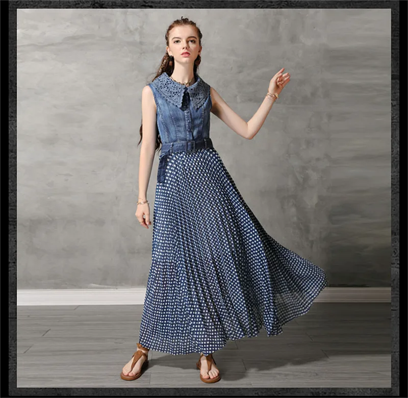 Summer Dot Woman Dress 2019 Vintage Women's Denim Dresses Sleeveless Lace Turn-down Collar Belted Chiffon Patchwork Vestido (11)