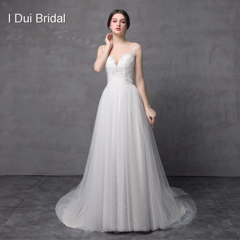 Melinda Wedding Dresses Real Photo Tulle Lace Appliqued Crystal Beaded Illusion Neck A line Bridal Gown ELS-017 Melinda Wedding Dresses Real Photo Tulle Lace Appliqued Crystal Beaded Illusion Neck A line Bridal Gown ELS-017