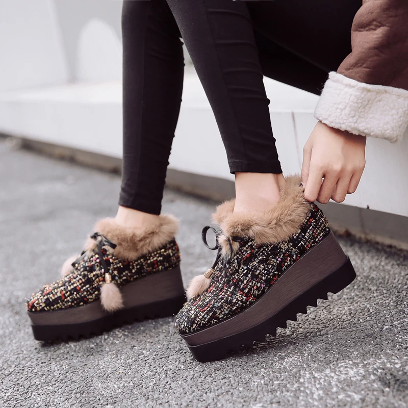 

Platform Sneakers Rabbit fur Oxfords Wedge mixed color lace up Shoes Women Woven cloth Bullock Shoes ladies Winter Loafers