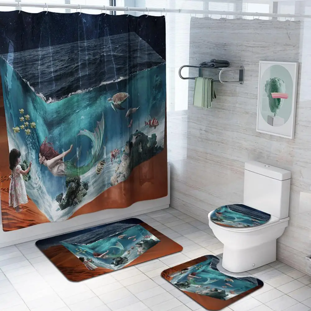 

HobbyLane Mermaid Printing Waterproof Shower Curtain + Floor Mat +Toilet Seat Cover+ Foot Pad Set Home Textile For Bathroom