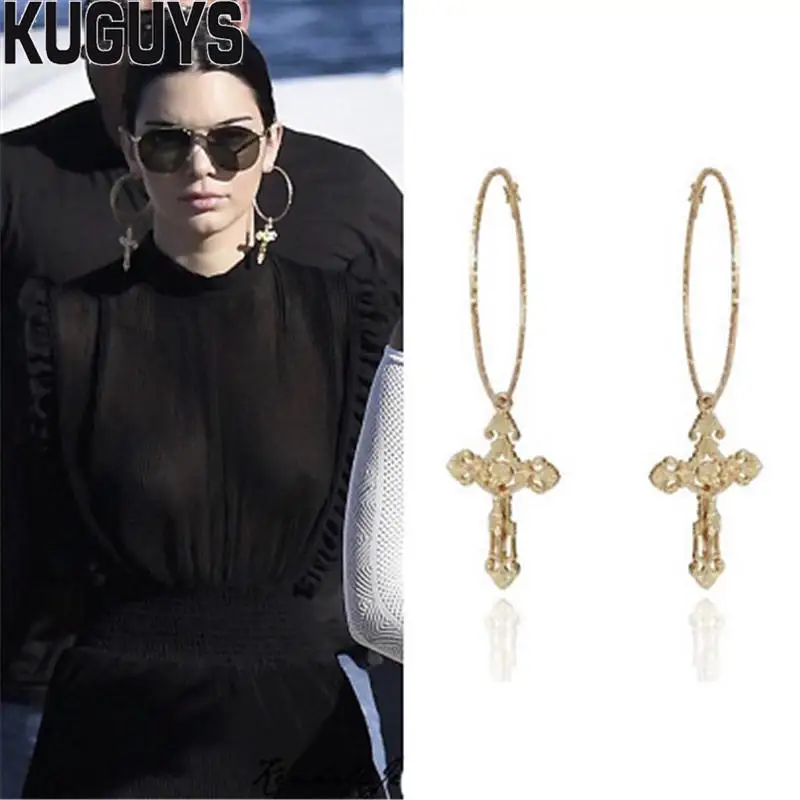 

KUGUYS Trendy Jewelry Alloy HipHop Cross Long Earrings for Womens Pendientes Hyperbole Round Hoop Earring DS Oorbellen Brincos