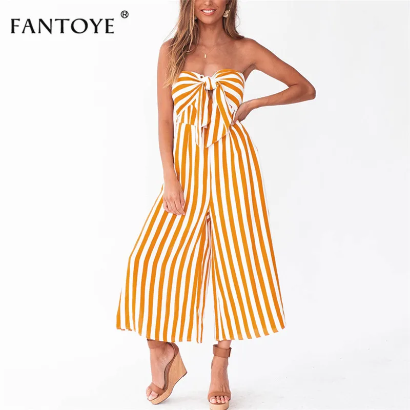 

Fantoye Strapless Bow Striped Jumpsuit Women Wide Leg Pants Rompers Holiday Belted Leotard Overalls Backless Bodycon Streetwear