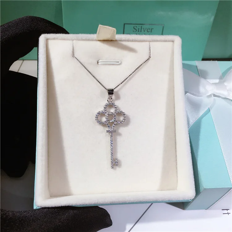 Полностью сверкающий циркониевый декоративный кулон в форме ключа, настоящее 925 пробы Серебряное женское ожерелье на цепочке, романтический символический подарок
