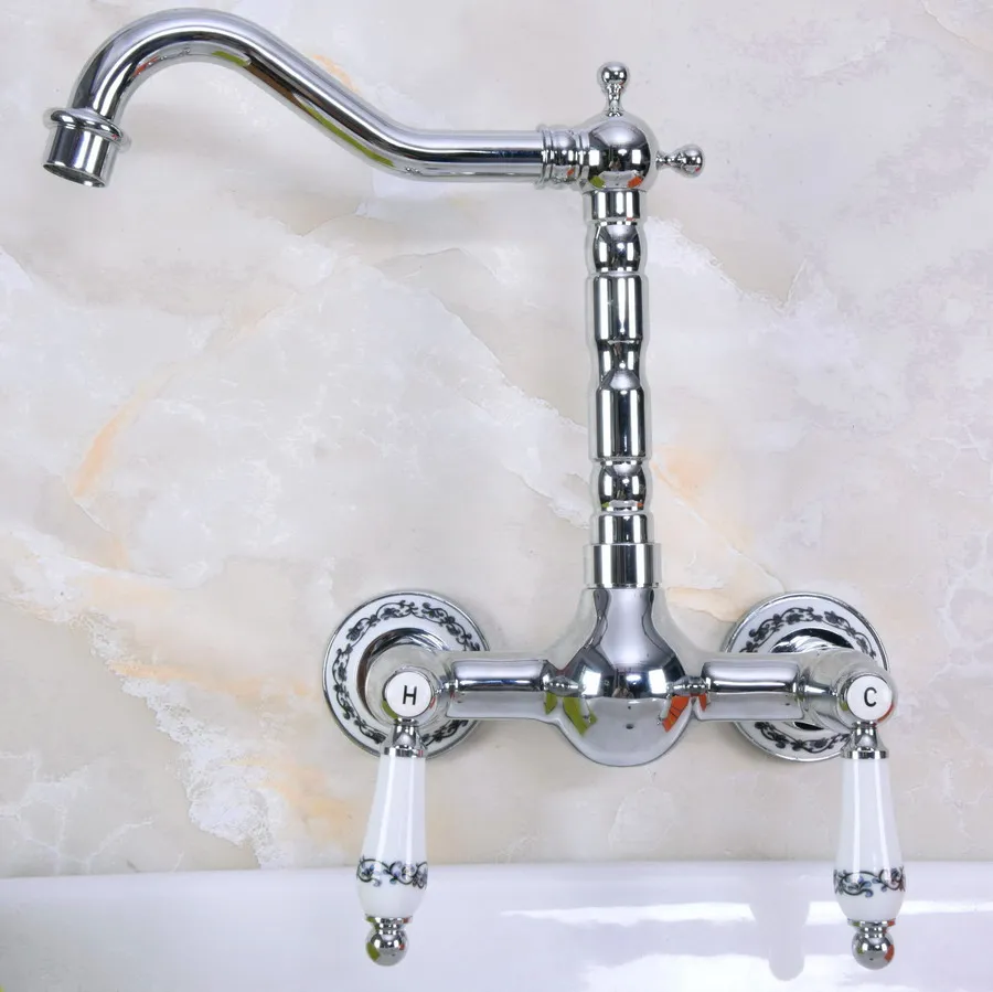 Polished Chrome Brass Wall Mounted Double Ceramic Handles Levers Bathroom Kitchen Sink Faucet Mixer Tap Swivel Spout anf964
