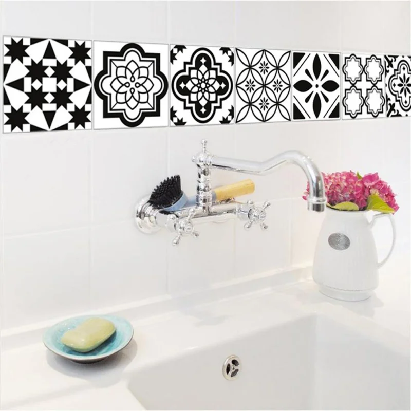 Black And White Nordic Style Retro Tile Sticker PVC Bathroom Kitchen Waterproof Wall Sticker Home Decor Floor Art Mural Decor