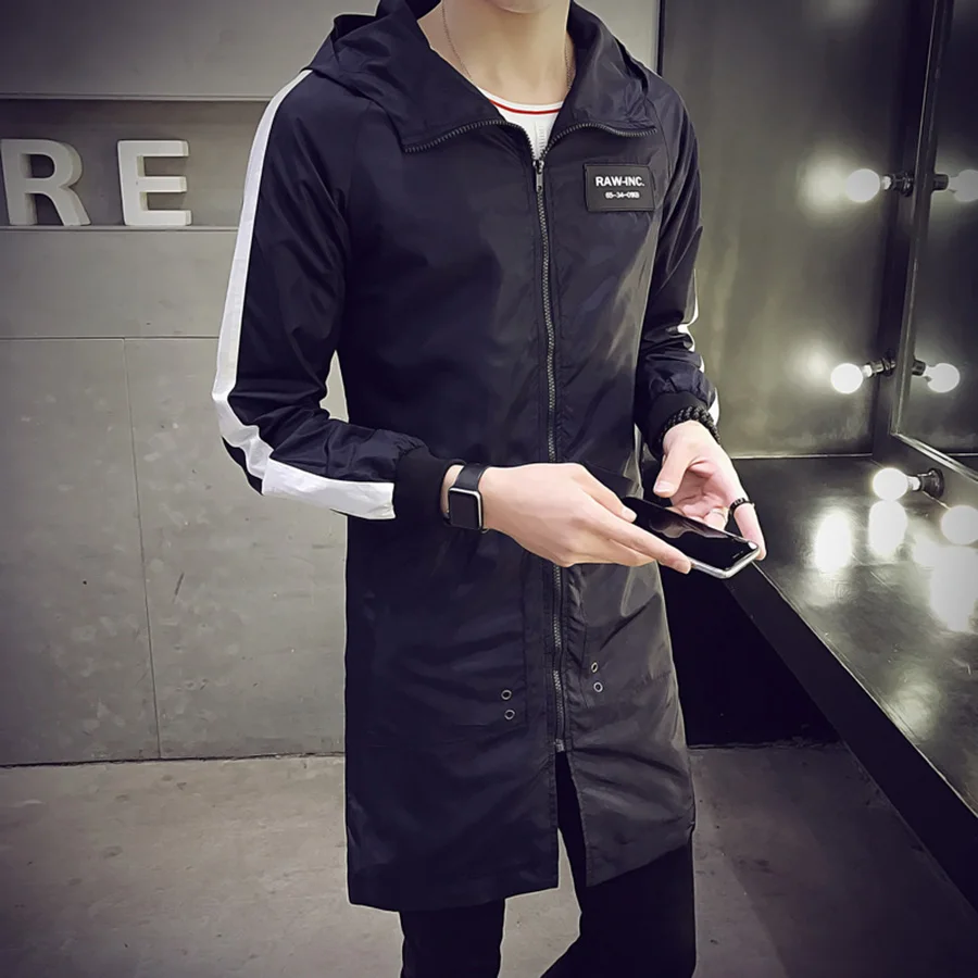Весенний Мужской плащ, длинное тонкое корейское Мужское пальто с капюшоном, модная уличная одежда в стиле панк, мужские ветровки 6F002