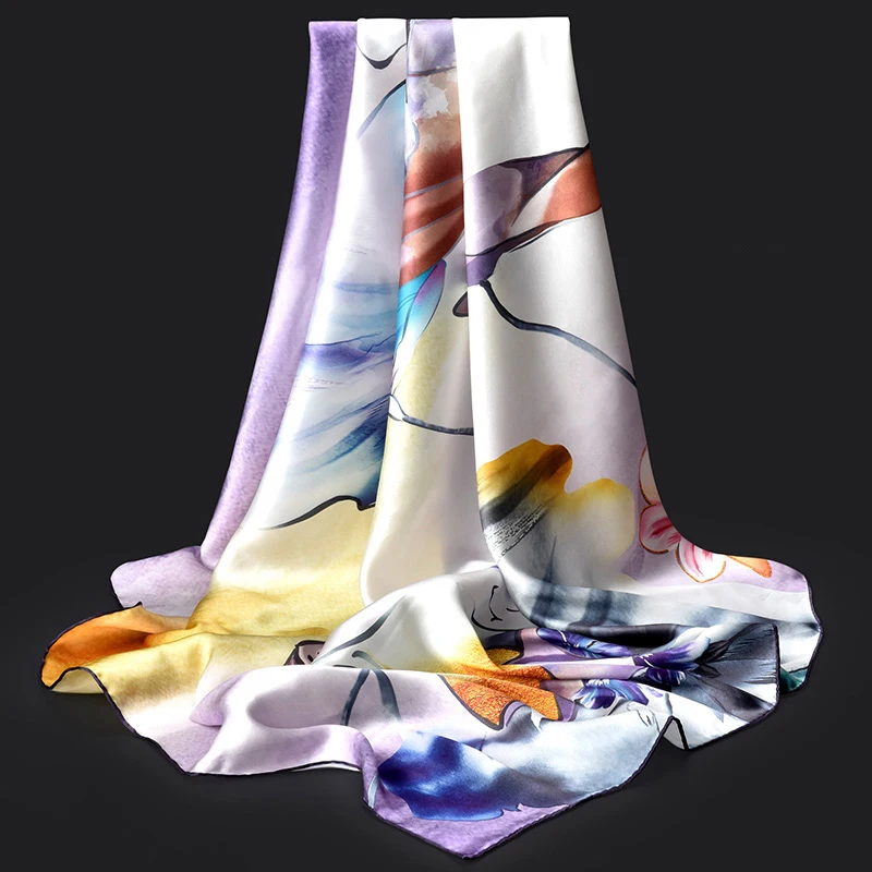 

Print Large 100% Real Silk Square Scarf Women Silk Shawls and Wraps Purple Natural Silk Scarf Neckerchief Headscarf 110*110cm
