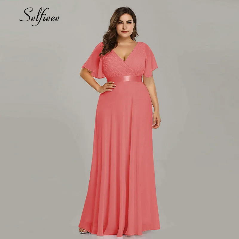 New Summer Women Dress Plus Size S-9XL Elegant A Line V Neck Short Maxi Sleeve Beach Dresses Boho Long Party Dress Robe Femme - Цвет: Coral