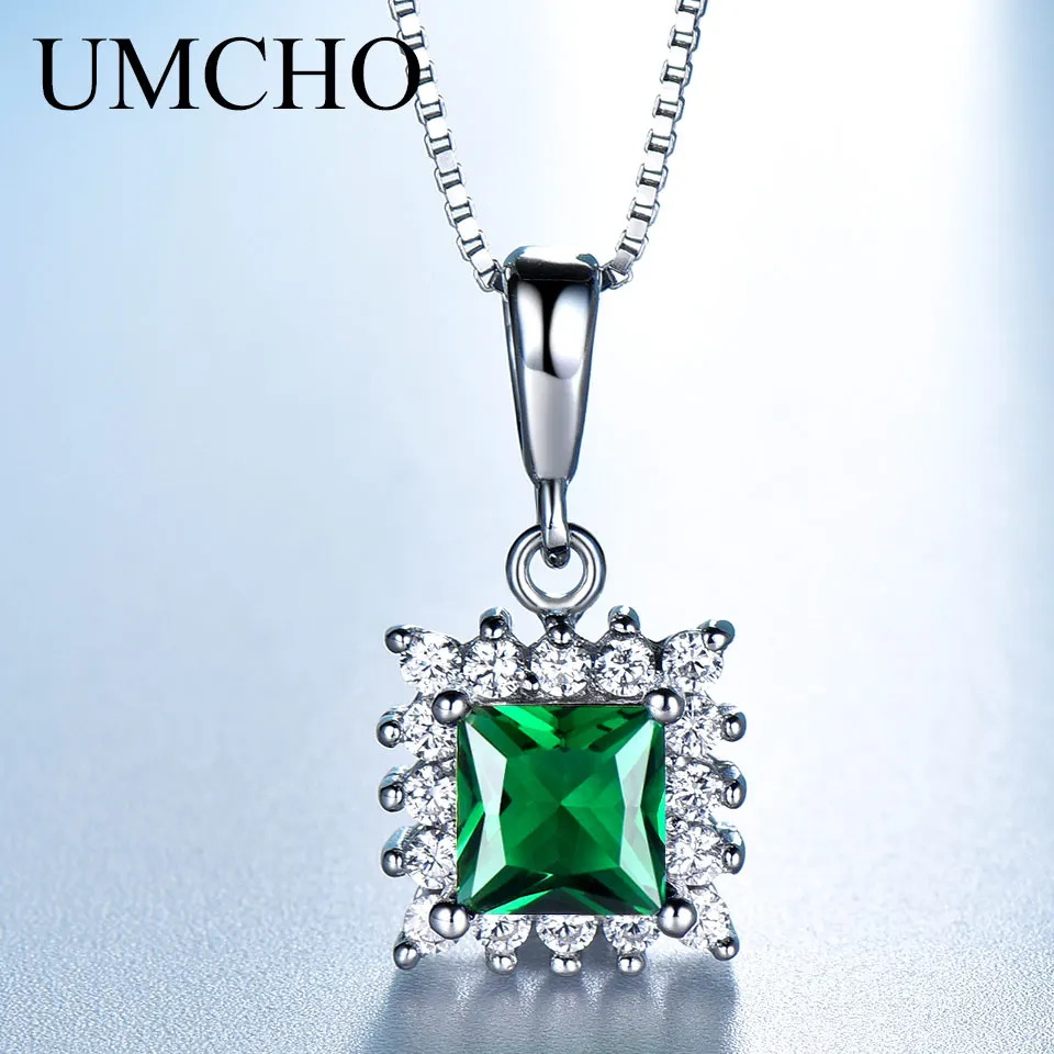 

UMCHO Real 925 Sterling Silver Necklace Created Square Emerald Gemstone Necklaces & Pendants For Women Anniversary With Chain