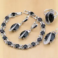 925 пробы серебряные ювелирные изделия черный кубический цирконий Белый CZ Ювелирные наборы для женщин серьги/кулон/ожерелье/кольца/браслет