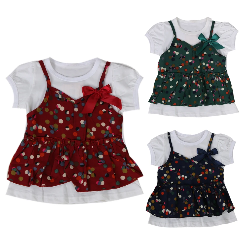 

Kids Children Girls Short Sleeve Dot Patchwork Fake Two Pieces Princess Spring Summer T-Shirts