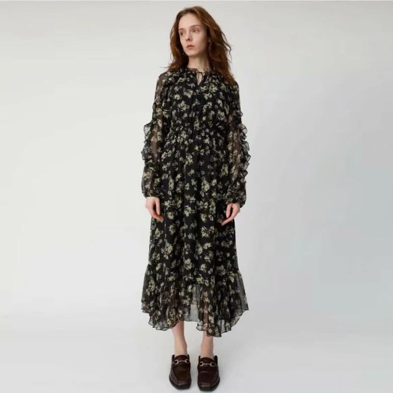 

XF Hawaii Beach Holiday Party Milan Fashion Rose Print Round Neck Long Sleeve Ruffled Slim Floral Dress 2019 Summer Women