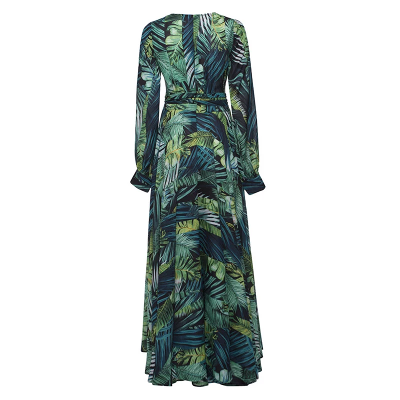 BONGOR LUSS Casual Long Lantern Sleeves Dress Green Tropical Beach Vintage Maxi Dresses Boho Sexy V Neck Belt Plus Size S-3XL (6)