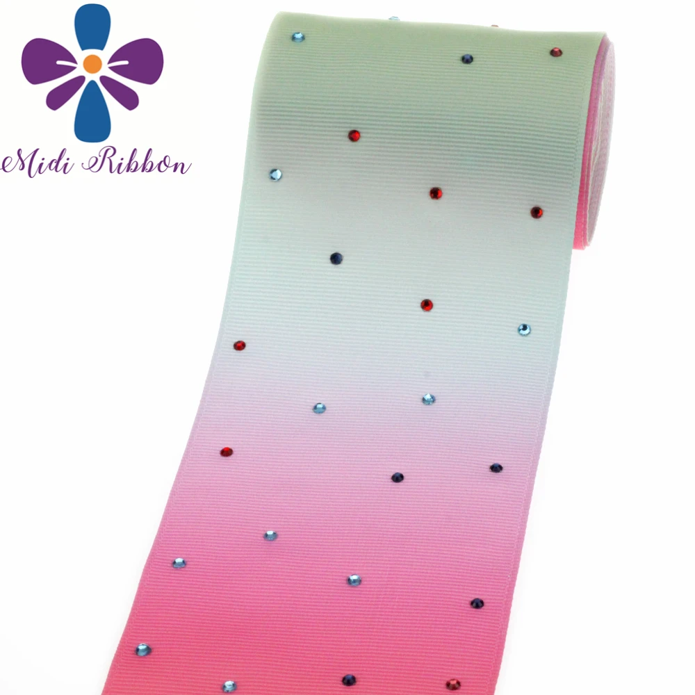 

3"75mm Colorful Rhinestone Setting Grosgrain Ribbon Gradient Rainbow Color Hair Band Making 5yards/roll