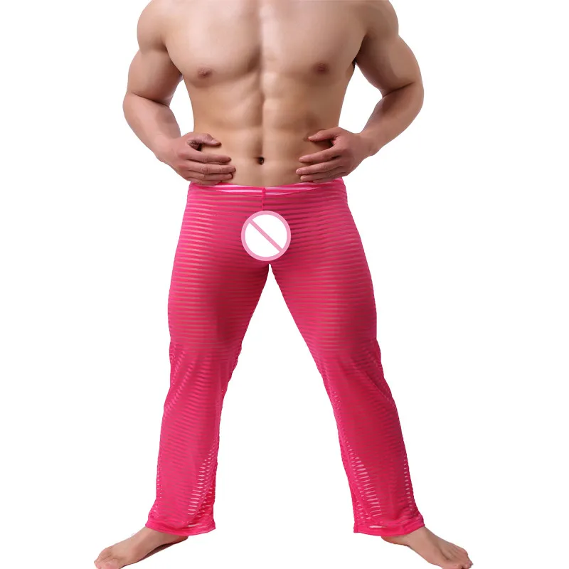 Мода полосой прозрачной сетки Для мужчин пикантные мягкие удобные длинные пижамные штаны гей смешно шелк гостиная плавки Loungewear - Цвет: Розовый