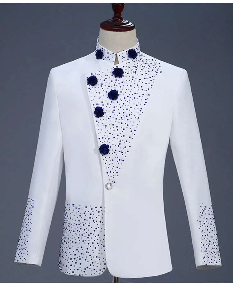 Куртка+ брюки) белые мужские костюмы с синими кристаллами блейзеры пальто мужской певец и ведущий сценический наряд Свадебная студийная одежда для выступлений