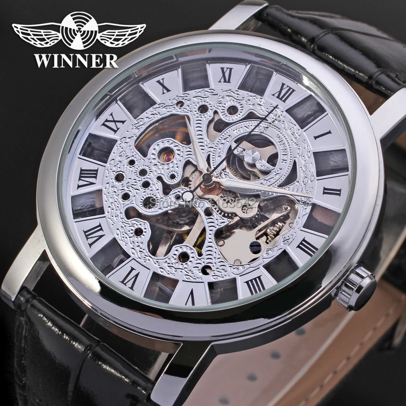 Winner watch механические часы для мужчин черный кожаный ремешок Бесплатная доставка