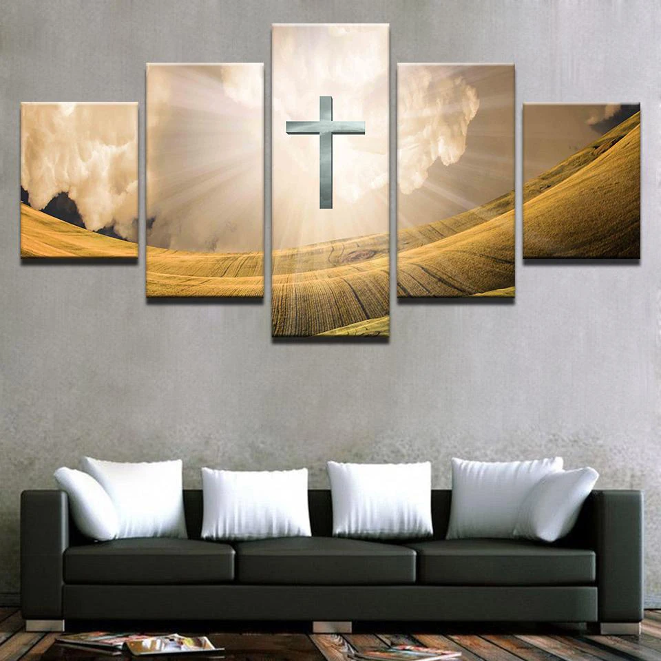 Pictures-Painting-Canvas-Living-Room-Modular-Wall-Art-5-Panel-Christ-Cross-Holy-Light-Frame-HD