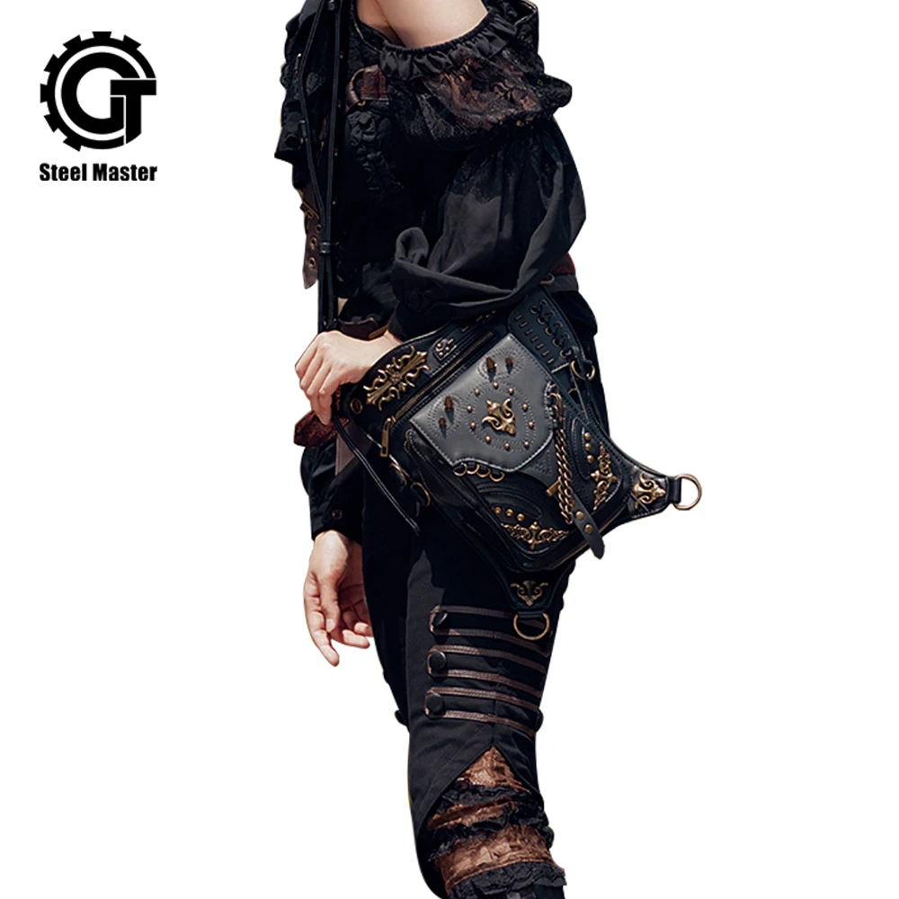 

Steelsir New Women Travel Punk Chain WaistBags Gothic Vintage Rivets Messenger Bags Black Lace-Up Shoulder Bags For women 2018