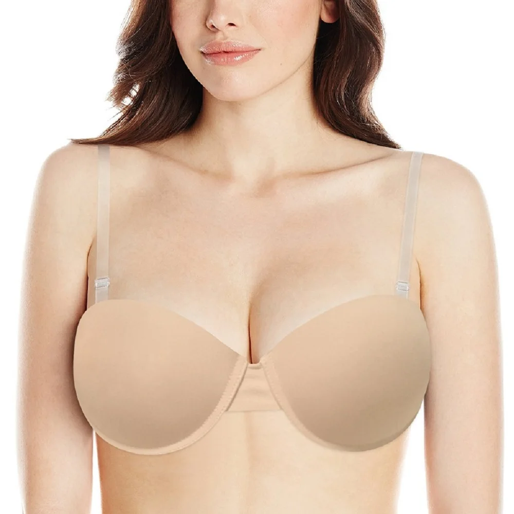  Clear Back Transparent Bra Women Padded Push Up Bra Strapless Convertible Adjusted Large Half Cup S