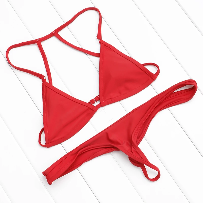 

Cindysmile Red Sexy Micro Bikini Low Waist Solid T Back Bikini Set Adjustable Bandage Bathing Suit Beachwear