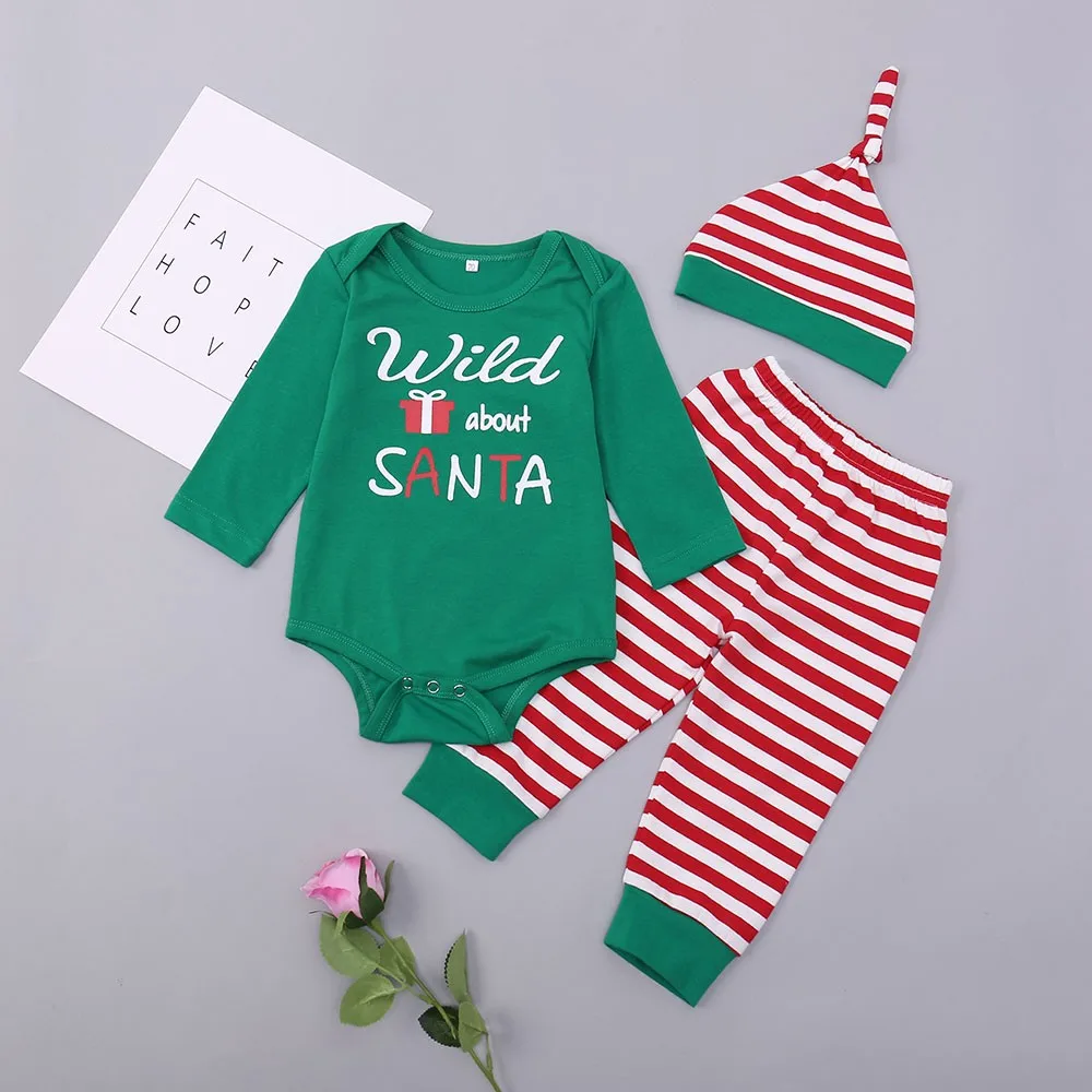Baby Christmas Clothes Set Newborn Baby Boy Girl Clothing Letter Striped Print Romper+Pant+Hat 3Pcs Toddle Kids Auttmn Party Set