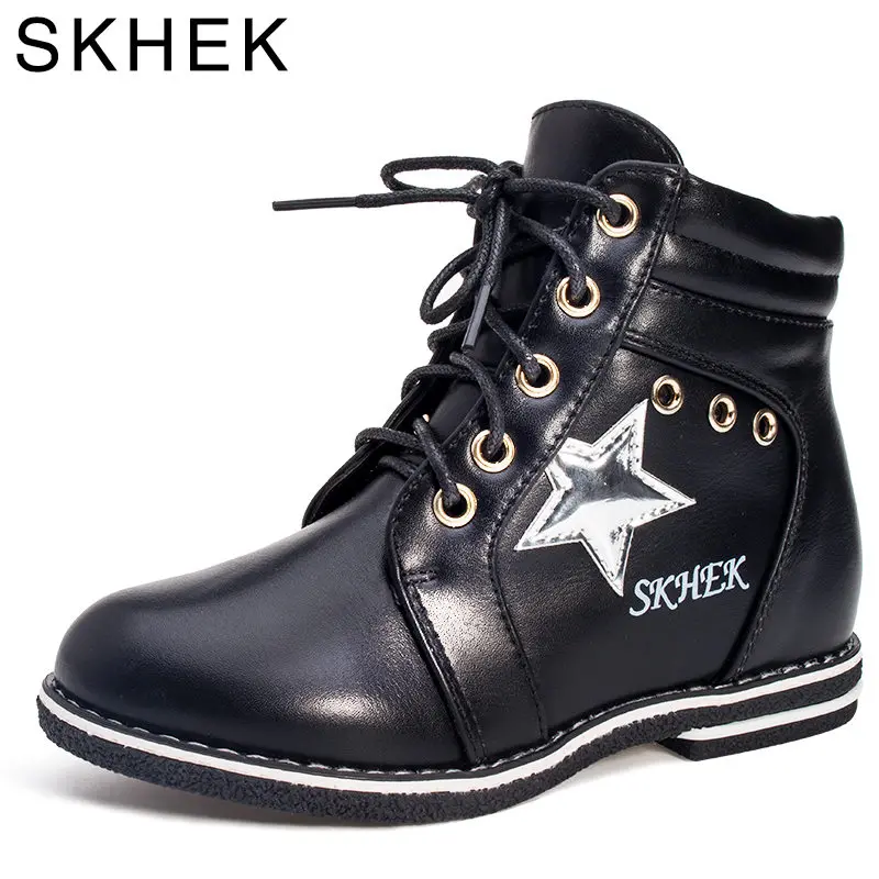 SKHEK/тонкие детские ботинки для девочек; модная обувь из искусственной кожи в стиле пэчворк; нескользящие Модные Ботинки martin; ботильоны для девочек - Цвет: Gun