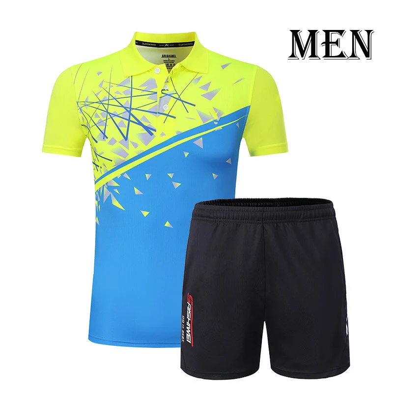 Мужские/женские теннисные майки, наборы, дизайн, спортивный костюм, шорты с майкой, дышащие быстросохнущие для бадминтона и настольного тенниса, спортивная одежда - Цвет: Men Green Blue