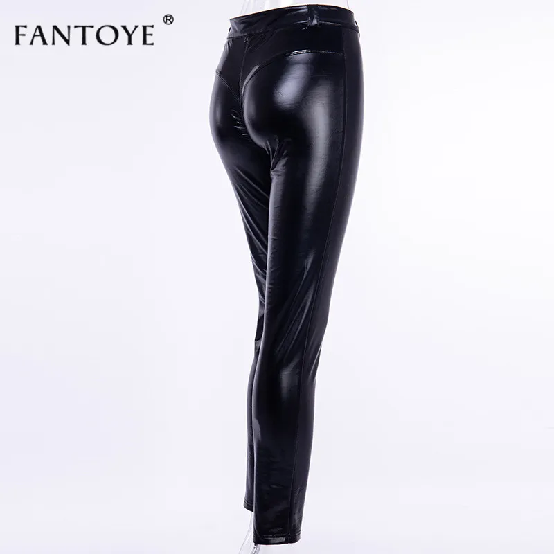 Fantoye осень зима блестящие ПУ Лоскутные черные брюки Сексуальные Высокая талия карандаш брюки мода уличная обтягивающие брюки женские