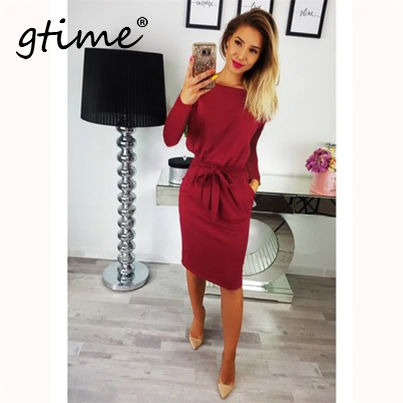 

Gtime Dropshipping Fashion Batwing Sleeve Bodycon Dress Pocket Sashes Pencil Dress Women Long Sleeve O-Neck Loose Dress YJH055
