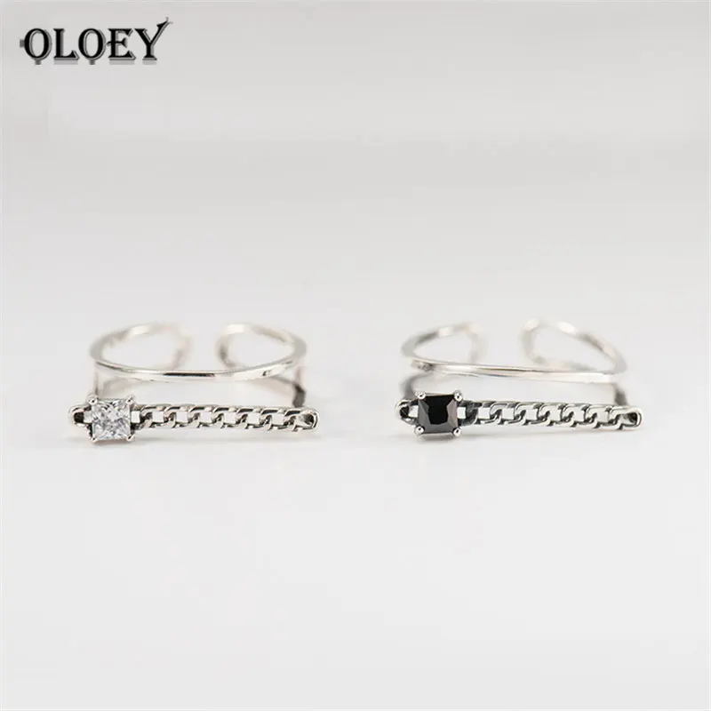 

OLOEY Genuine 925 Sterling Silver Adjustable Finger Ring for Women Vintage Square Black/White Zircon Open Rings Jewelry YMR334