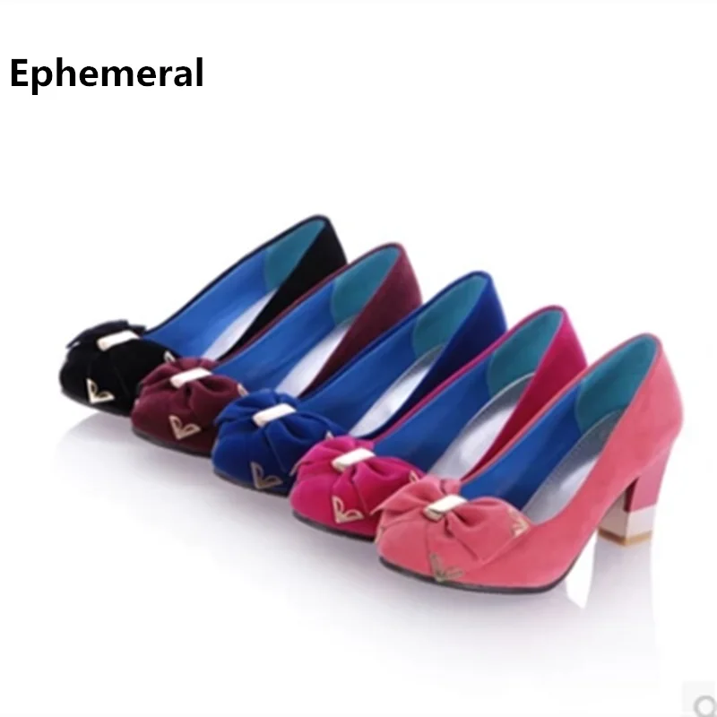 

Ladies catchpenny sexy elegant bowtie sequined big size11 12nubuck leather round toe glitter square med heels women thin shoes