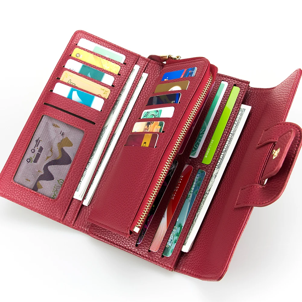 

Solid Red Woman Handbag Hasp Long Wallet Litchi Pattern Leather Wallet Three Folds Card Holder Zipper Purse inside Women Wallet