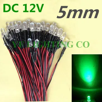 

100pcs/lots 5mm led DC12V Pre Wired led water clear Green DIP LED 20mm cable prewired led