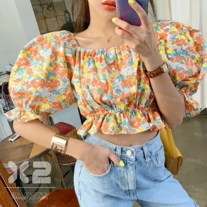 Summer Short Square Collar Floral Women Shirts Contraction Waist Elegant Temperament Blouses Female Clothes 2019 New Tops