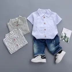 Oklady/Коллекция 2019 года, летняя одежда для мальчиков Одежда для маленьких мальчиков футболки с буквенным принтом клетчатые джинсовые штаны