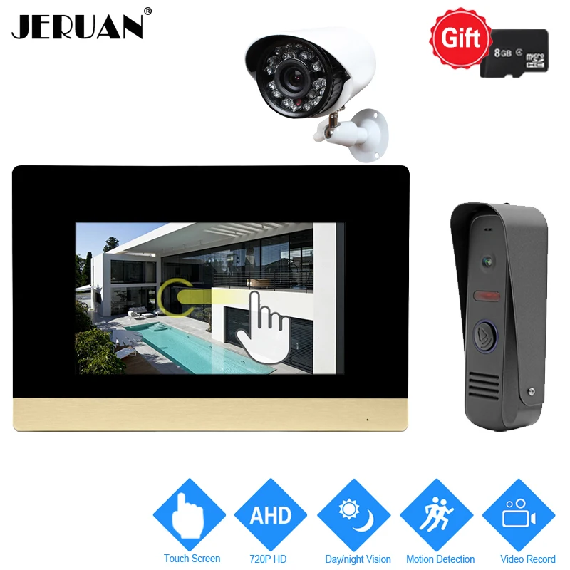 

JERUAN 7 inch Touch Screen Video Doorbell Intercom System 720P AHD Motion Detection Record Monitor +Mini Camera +HD 1.0MP Camera