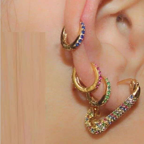 

rainbow cz safety pin earring 2019 new design jewelry for women Gold filled colorful green white red cz multi piercing earring