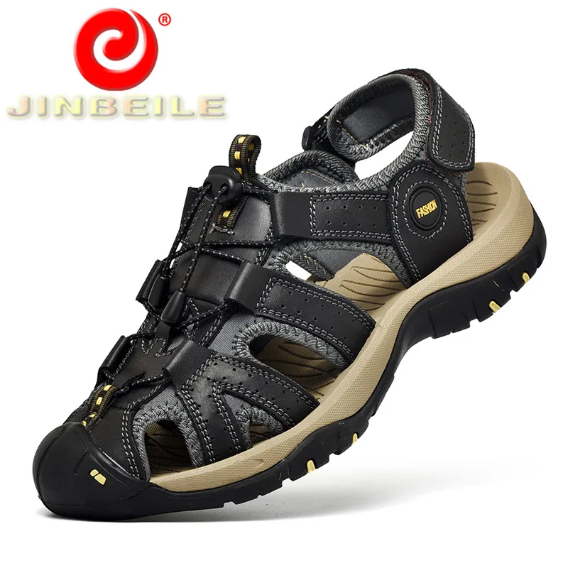 

JINBEILE Durable Rubber Men Outdoor Sandals Genuine Leather Toe High Quality Sandals Men Cool & Breathable Summer Shoes Men